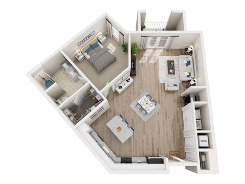 Floor plan for 1 bed, 1 bath, 959 sqft